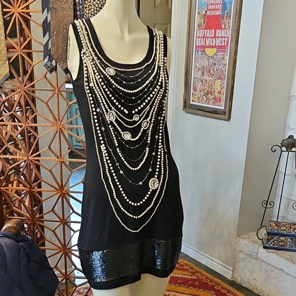 Gorgeous Vintage Niteline Black Modal Mini Dress String Beads Embellished P6